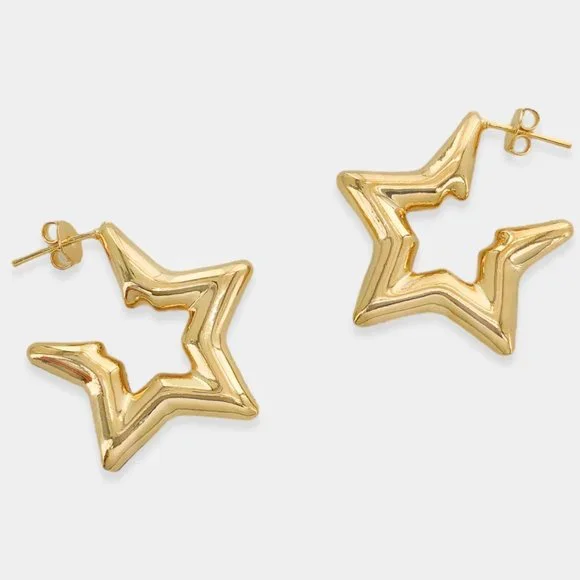 NEW 18K Gold Filled Star Tube Hoop Earrings - Picture 1 of 7